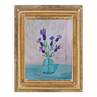 Painting depicting a bouquet of lavender flowers