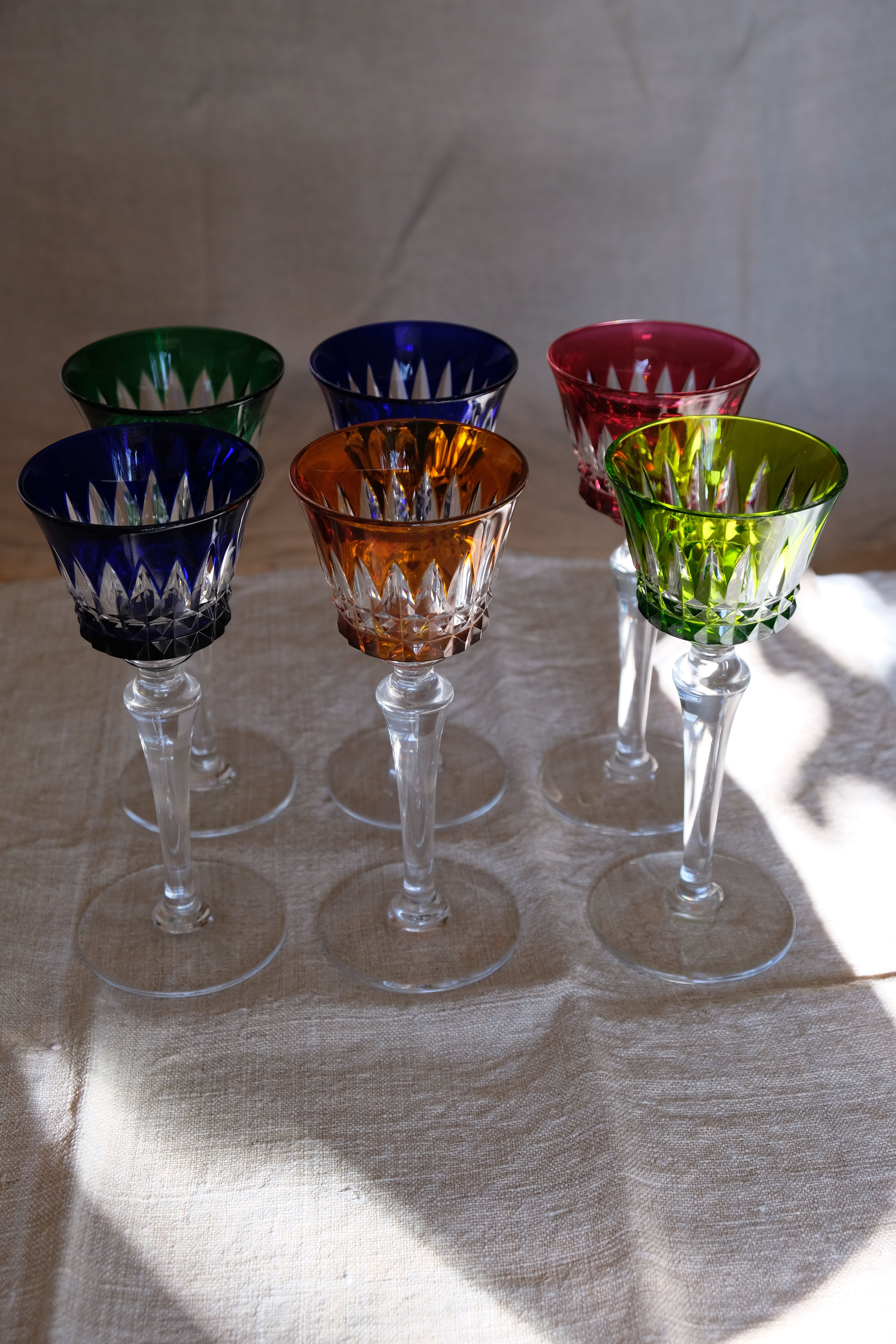 6 Baccarat glasses Piccadilly Model in colored crystal