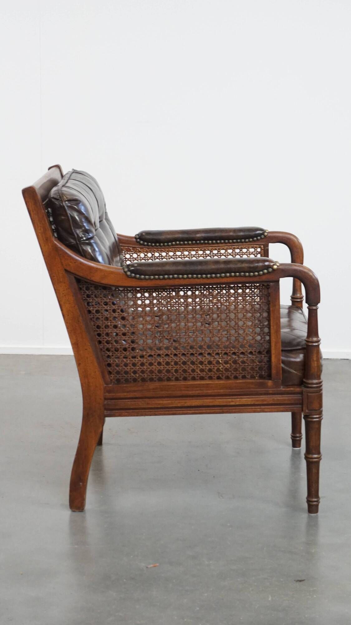 Vintage 1970s Design Armchair Made of Wood, Leather, and Webbing