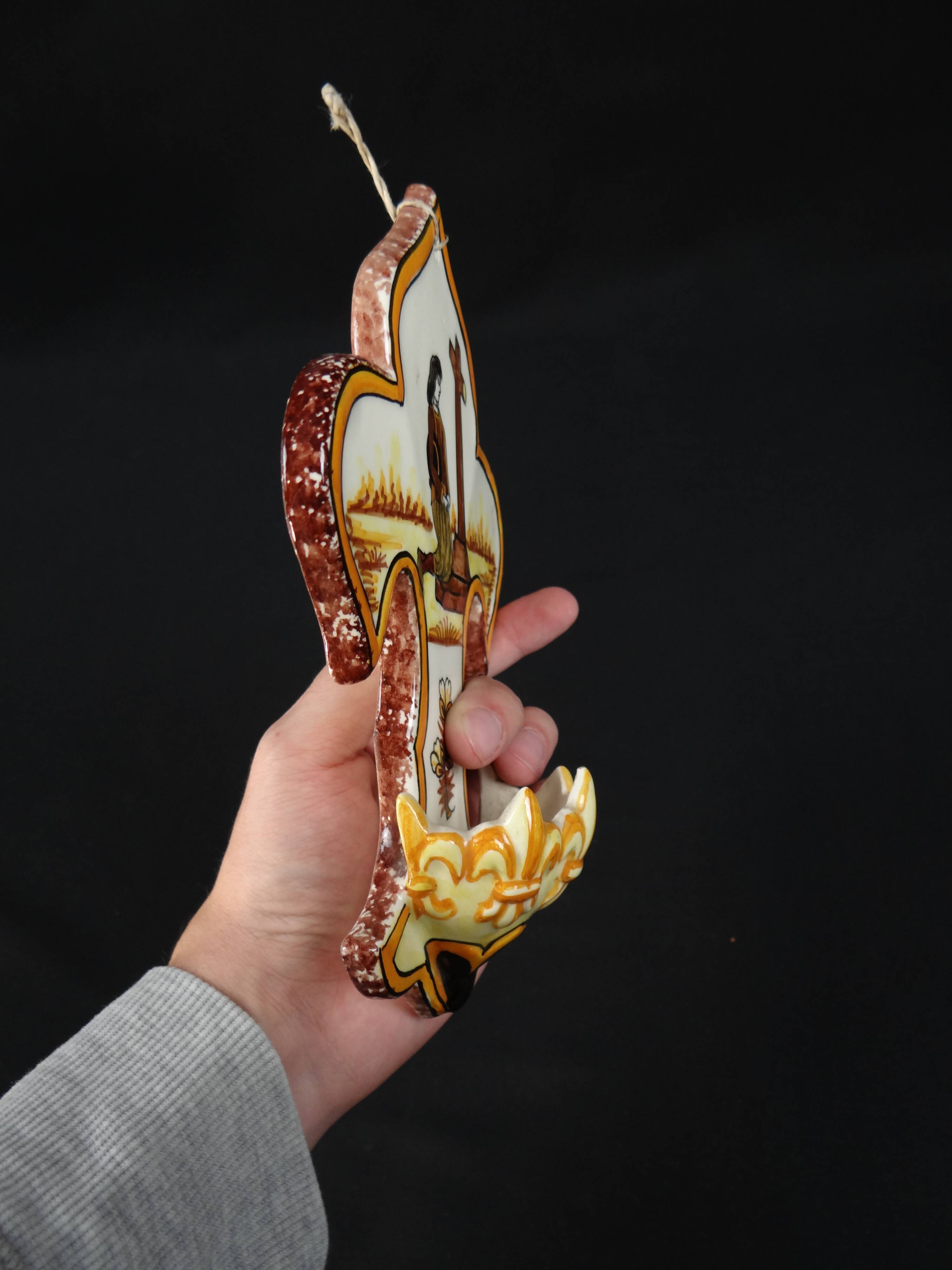 Polychrome earthenware holy water font signed Henriot Quimper from the 60s vintage