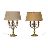 Copper candlesticks adapted as bedside lamps, the pair.