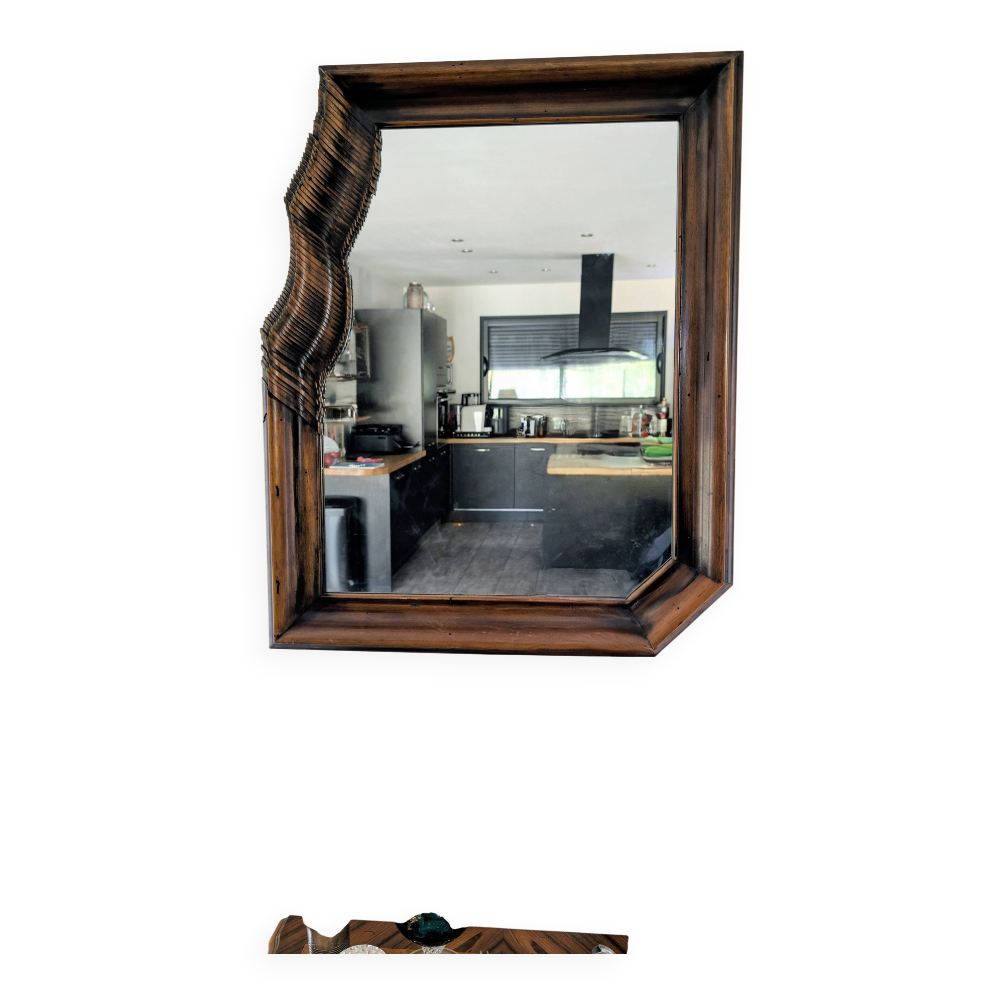 Large wooden wall mirror - wavy carving and natural patina