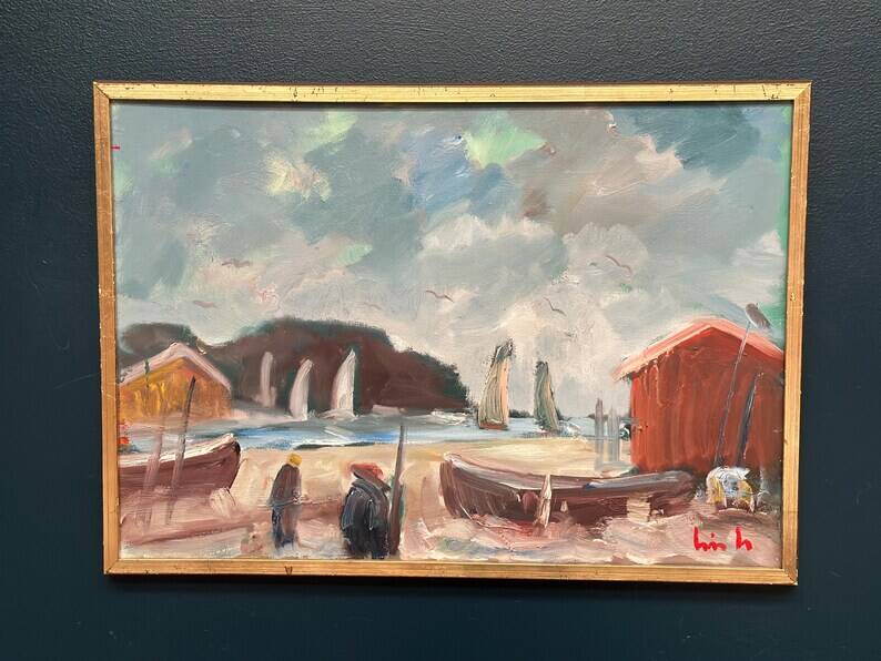 Original Swedish Oil on Canvas – “Coastal Village” by Eric Lo – Signed – Vintage & Framed