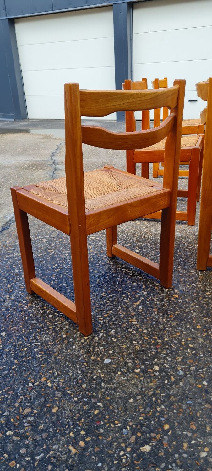 Set of 8 chairs in elm and straw by Maison Regain