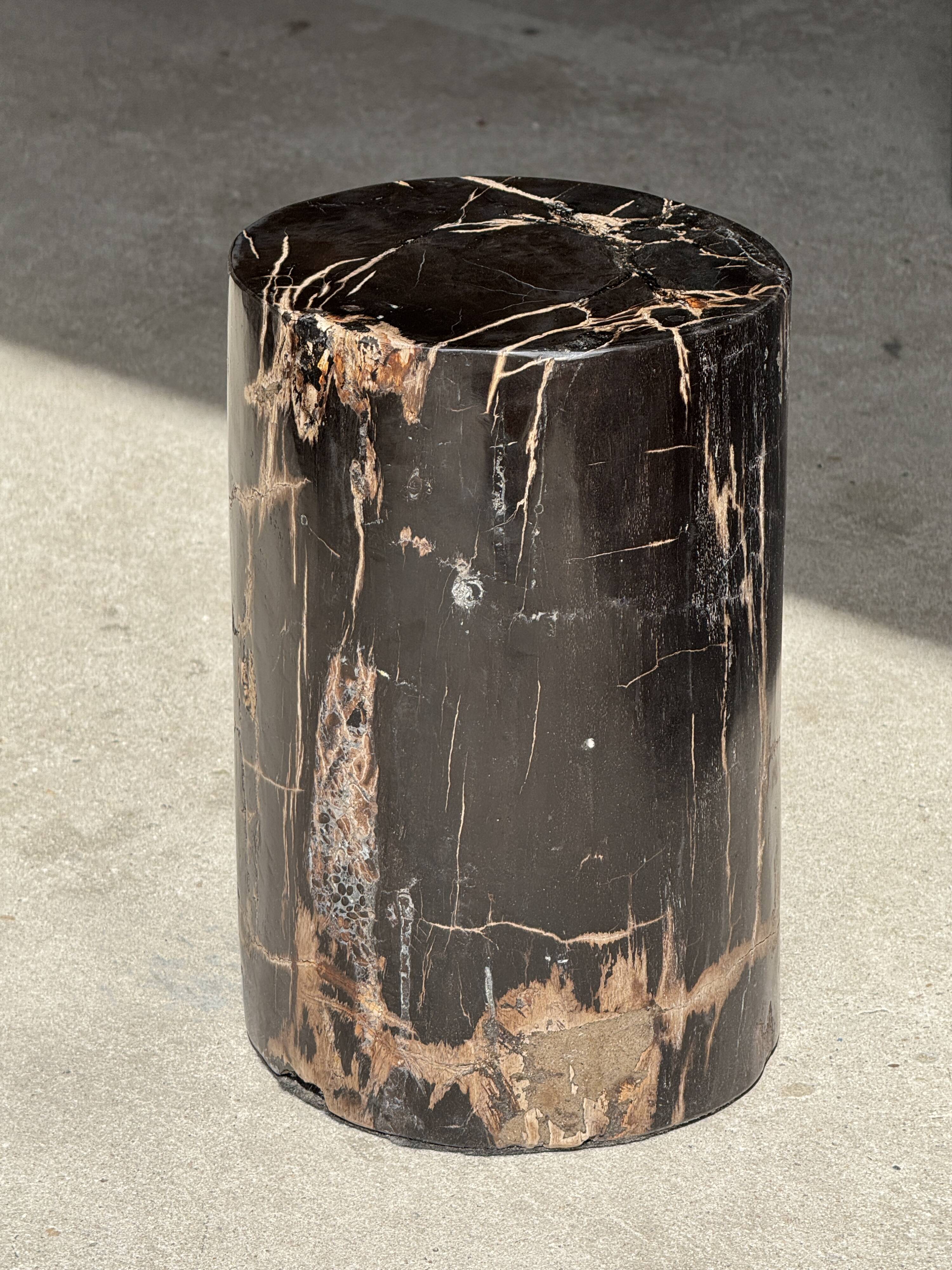 Small black petrified wood side table with beige stripes H28 D18 - 3347