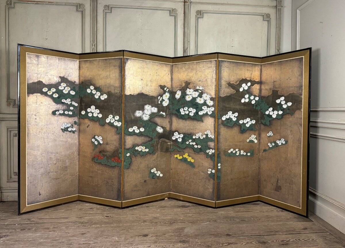 Rimpa-style Byobu screen, six panels, Japan, Meiji period