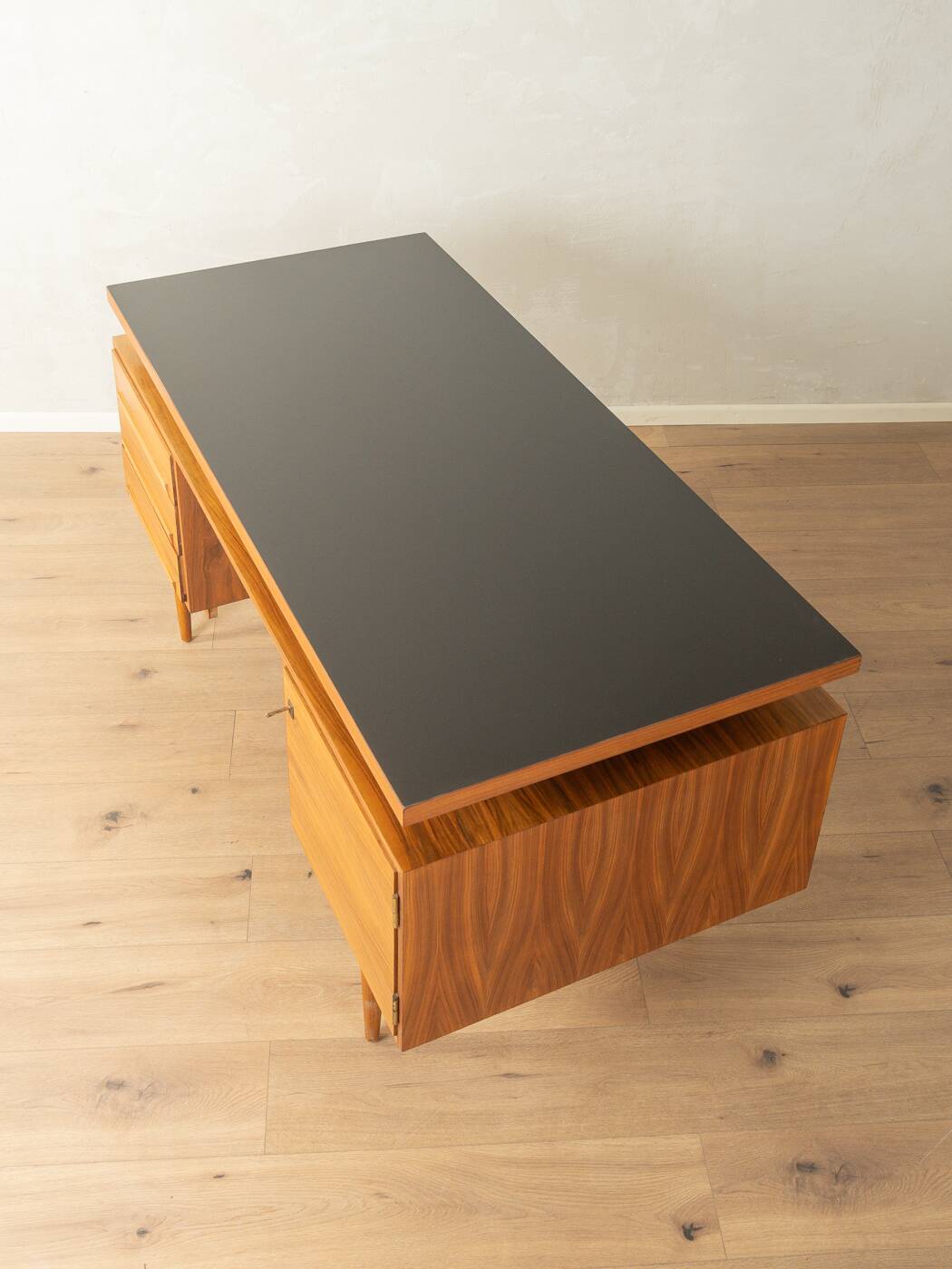 1960s walnut veneer desk with drawers and cabinet