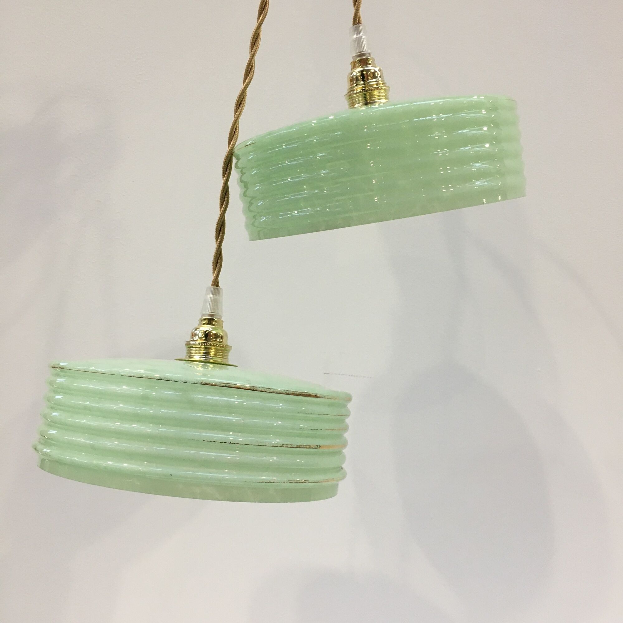 Pair of Art Deco pendant lamps in green Clichy glass