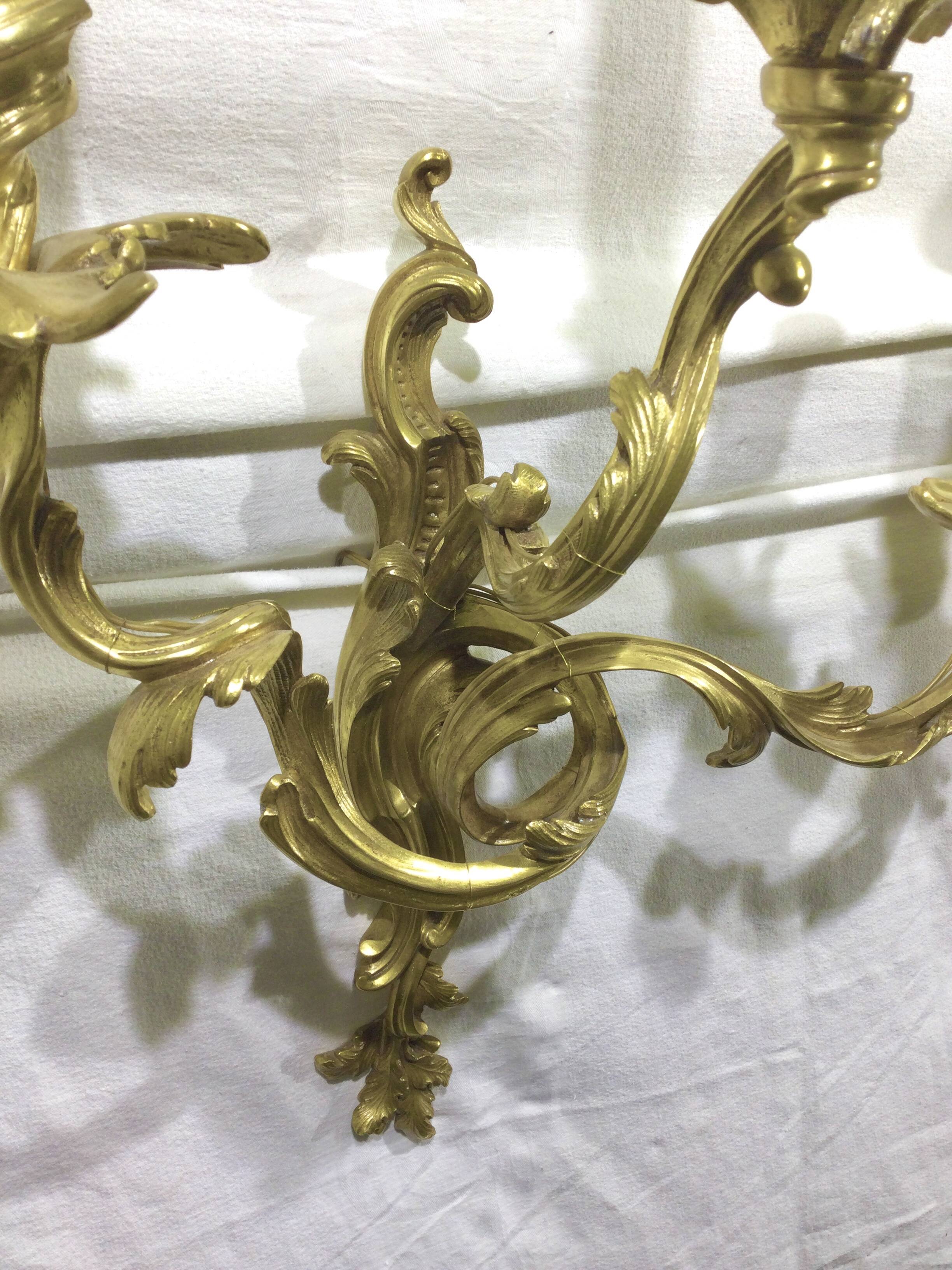 Pair of sconces Bronze 3 lights Louis XV