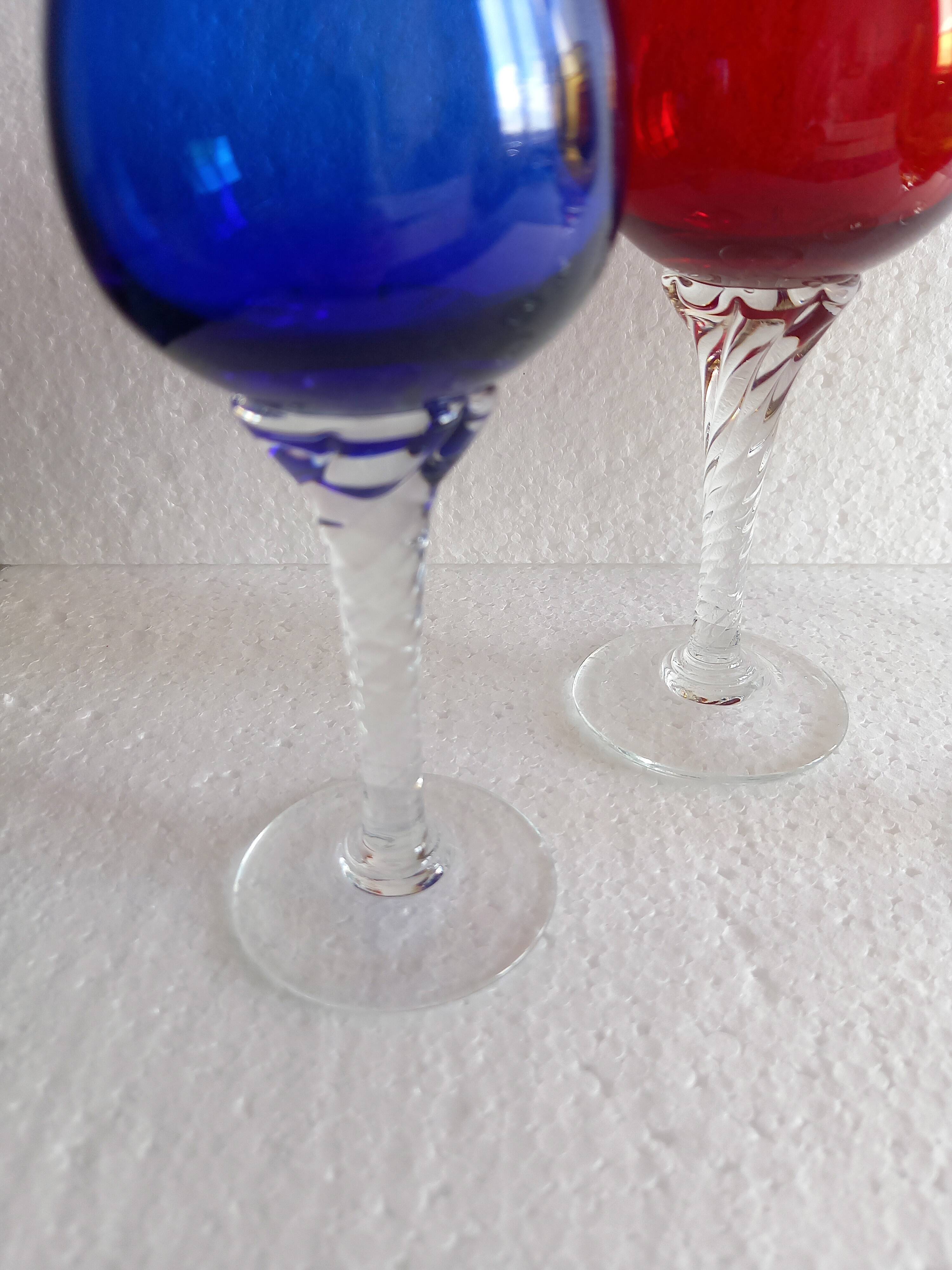 4 Antique Stemmed Liqueur Glasses in Colored Blown Glass