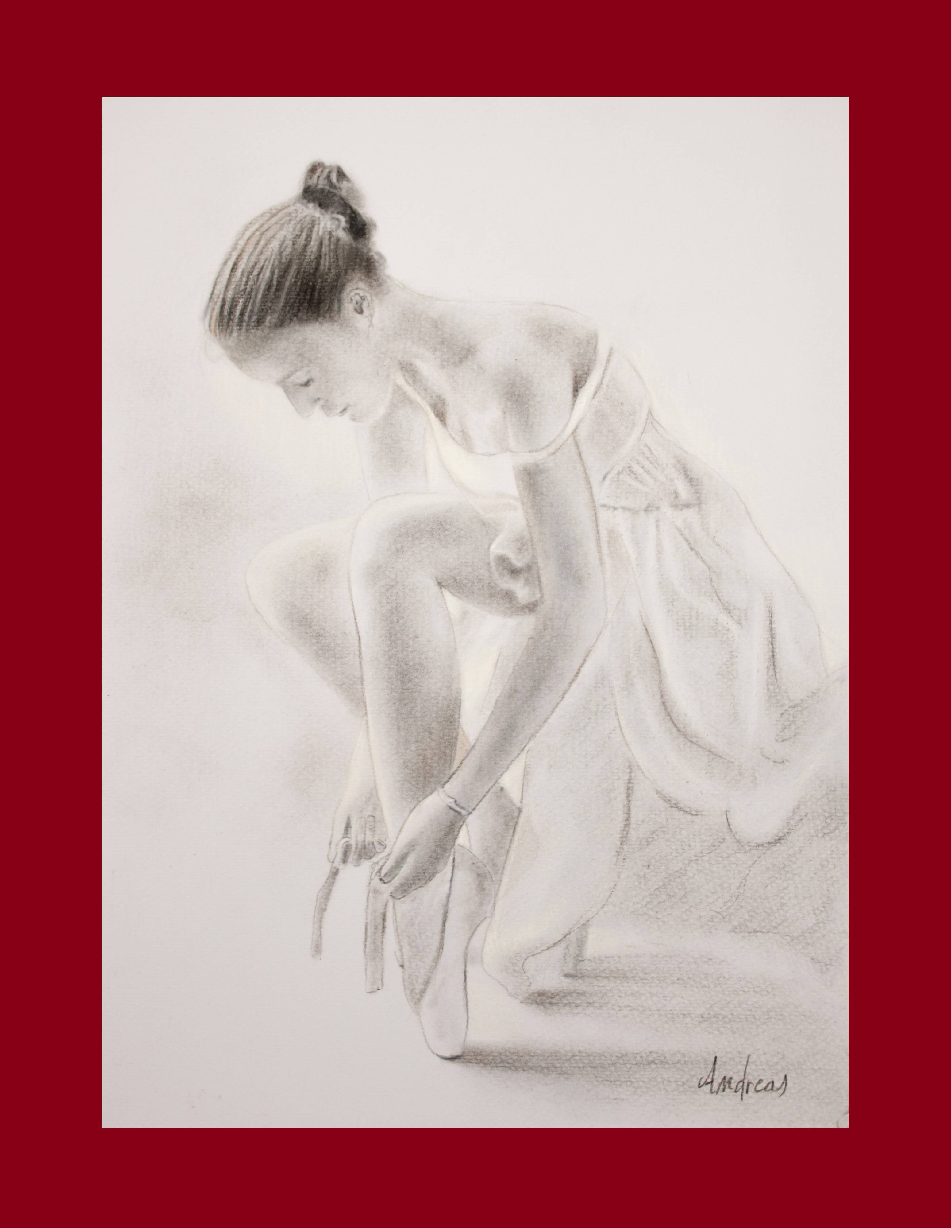 Charcoal drawing representing a seated dancer. Dancer painting.