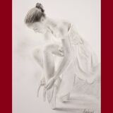 Charcoal drawing representing a seated dancer. Dancer painting.