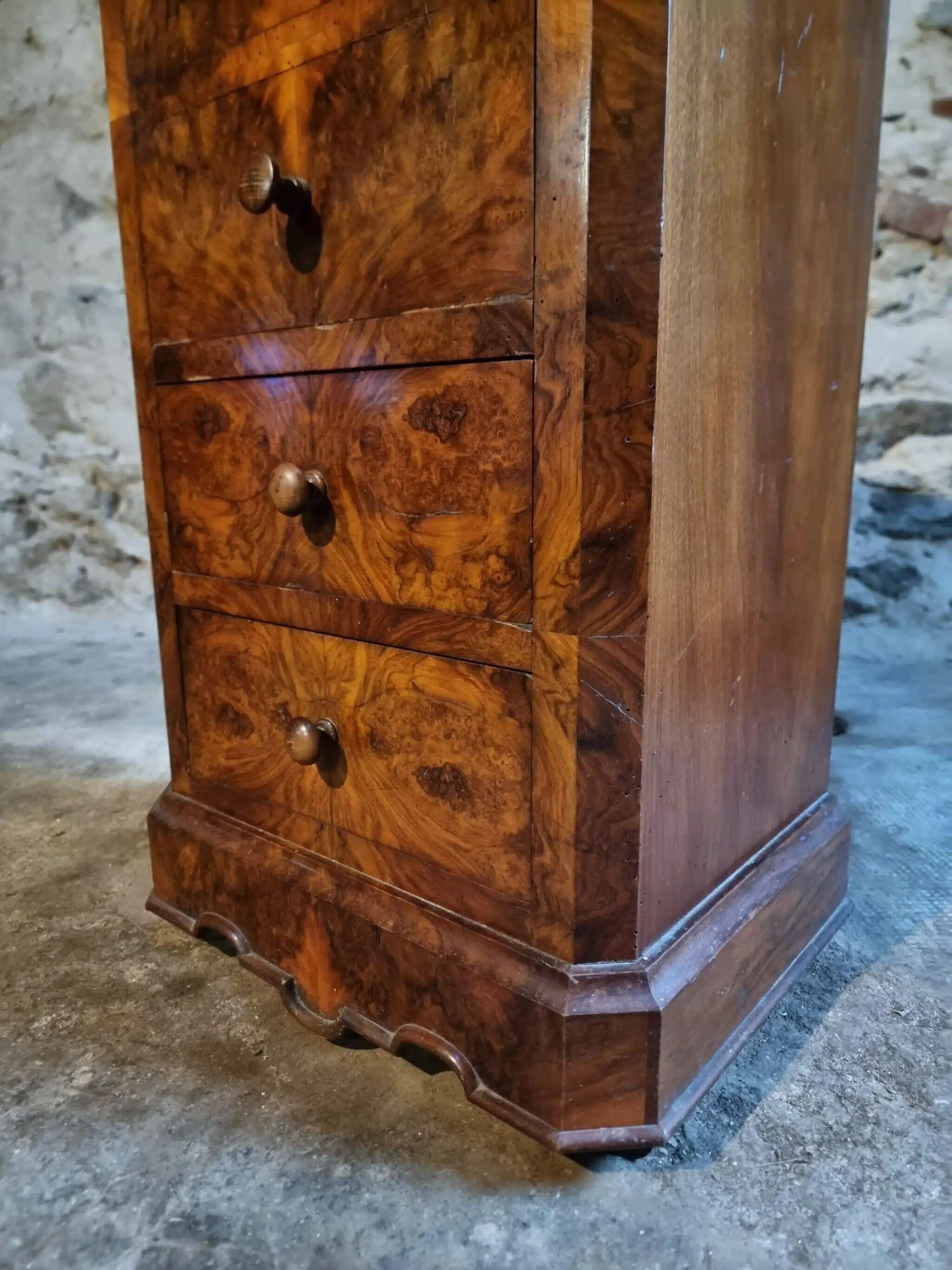 French antique bedside table in oak with walnut burl veneer, circa 1900.