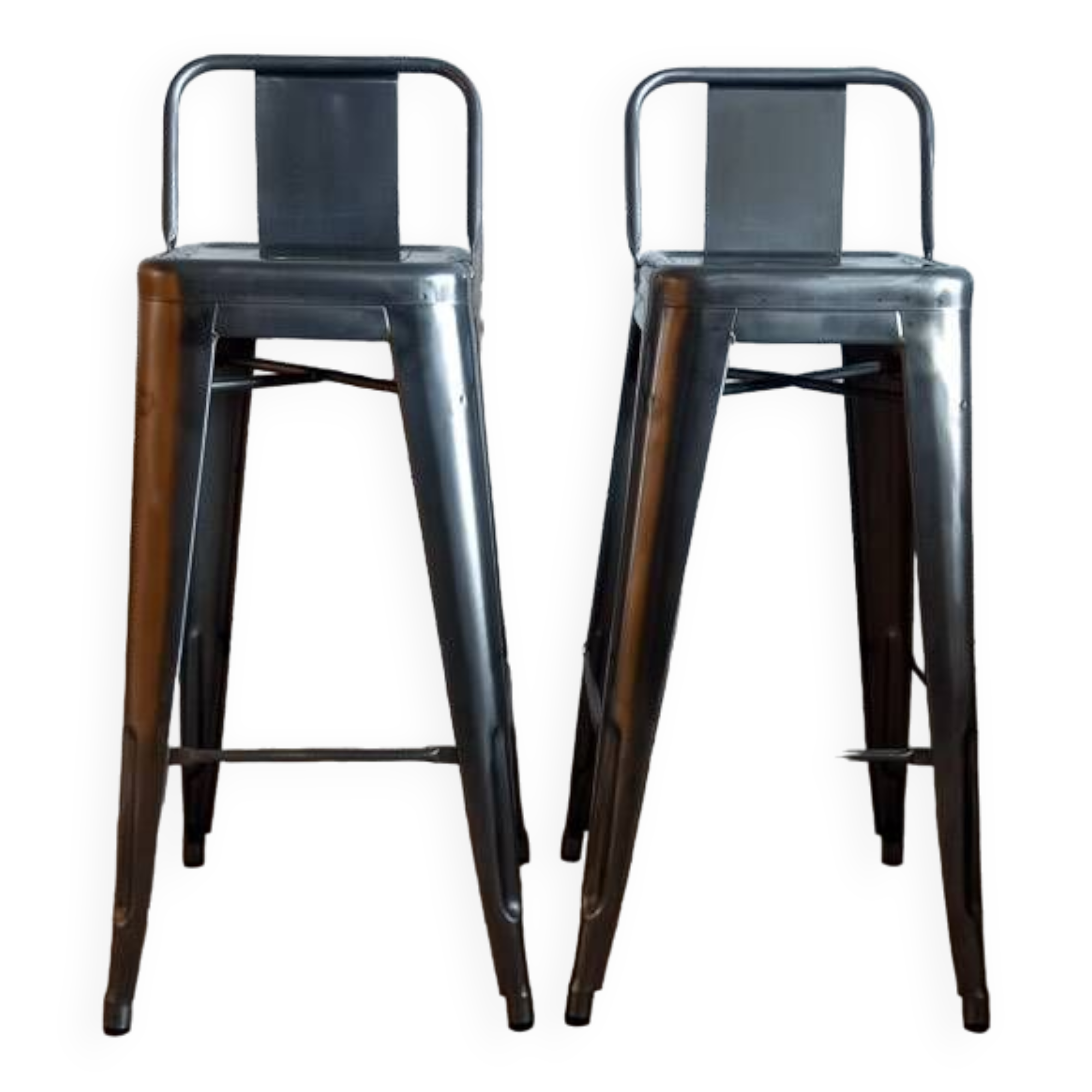 Pair of tolix hpd 75 stools – in varnished raw steel.