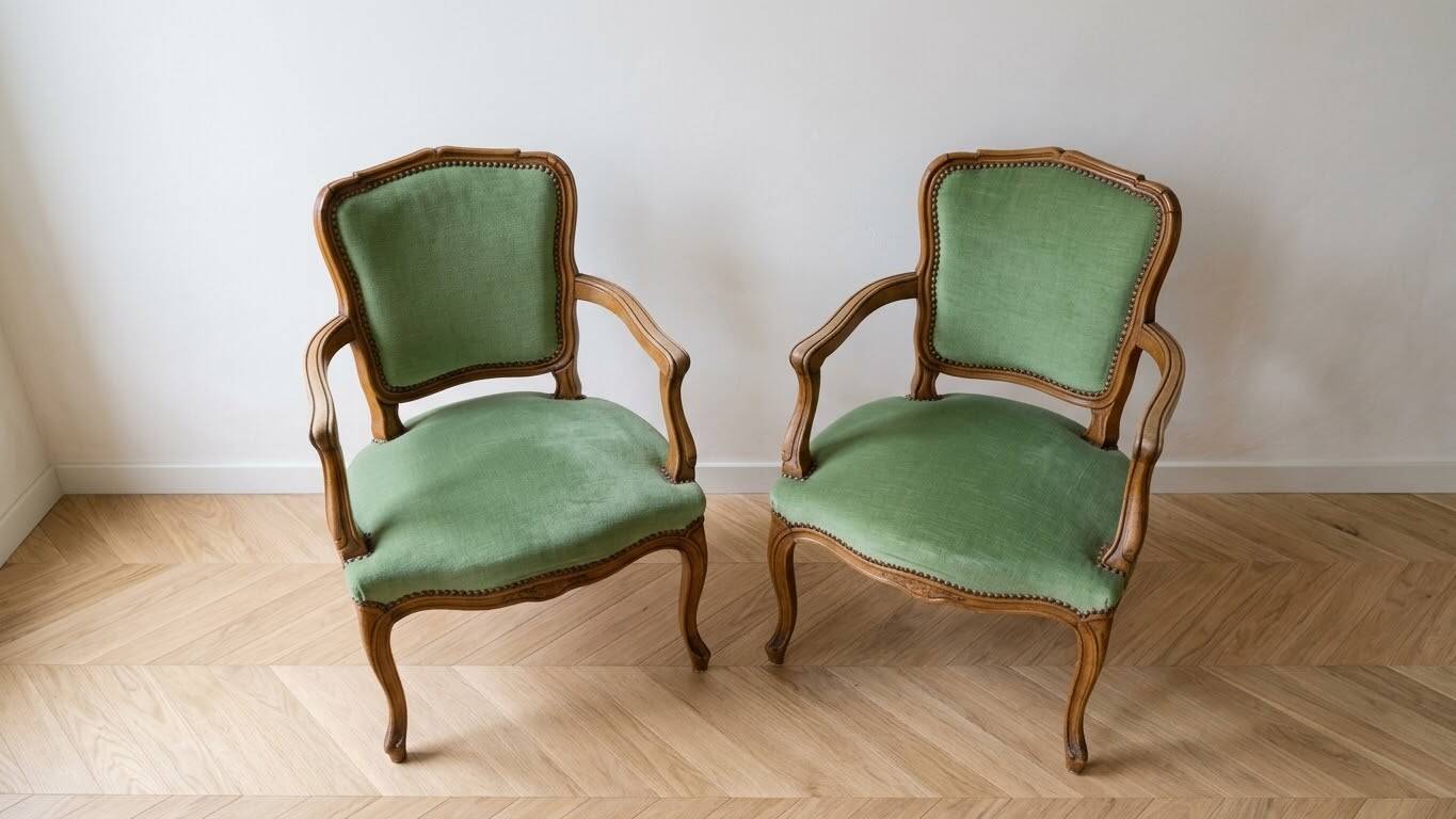 Set of 4 Louis XV style cabriolet armchairs in green fabric.