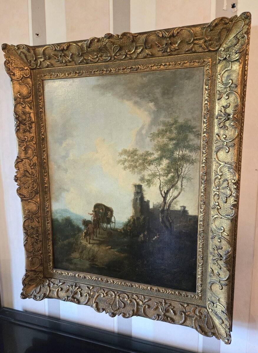 19th Century Italian School: oil on canvas painting "The Diligence"