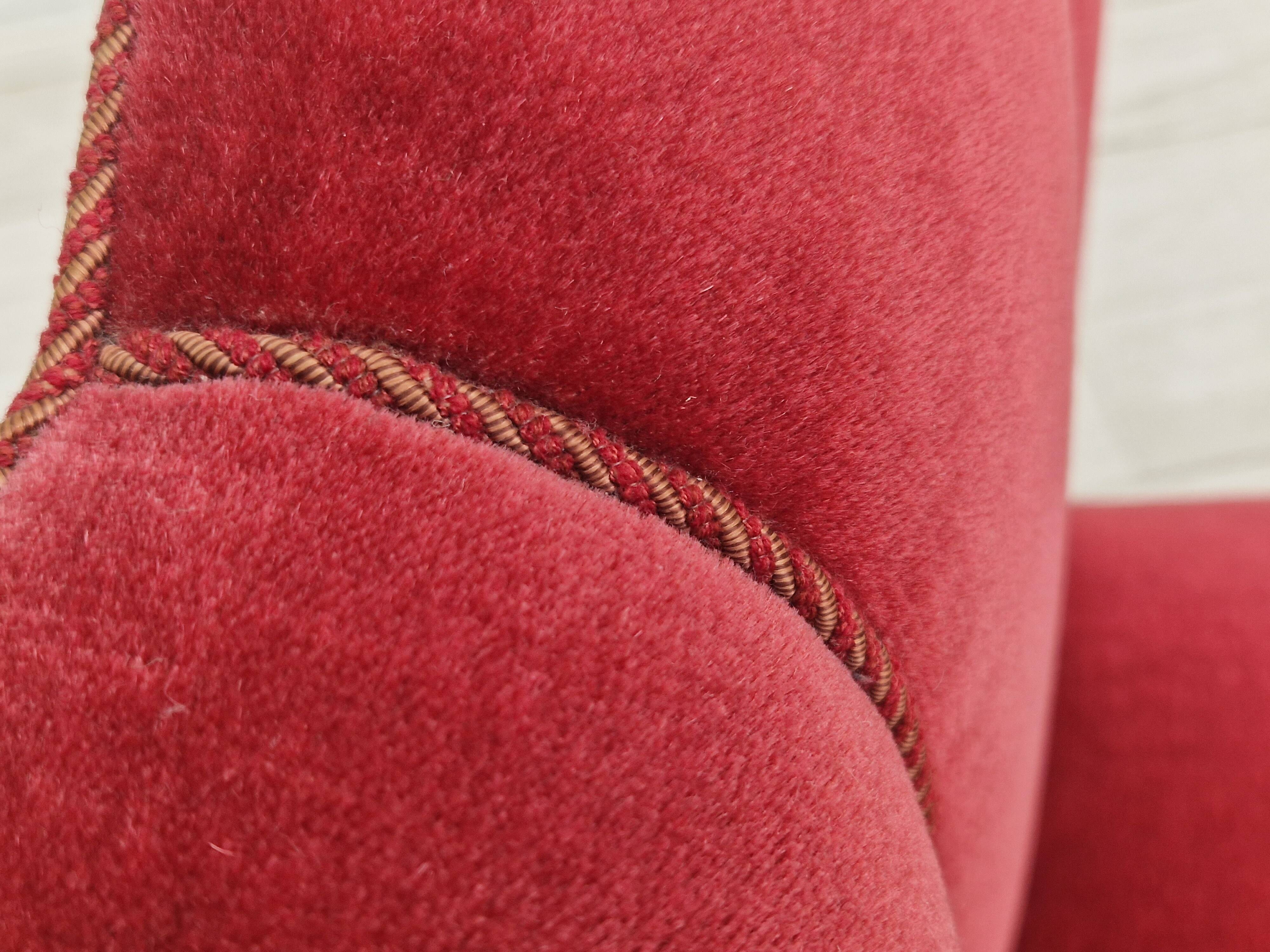 Set of 4 dinning chairs, oak wood, cherry-red velour, 1950s, danish design