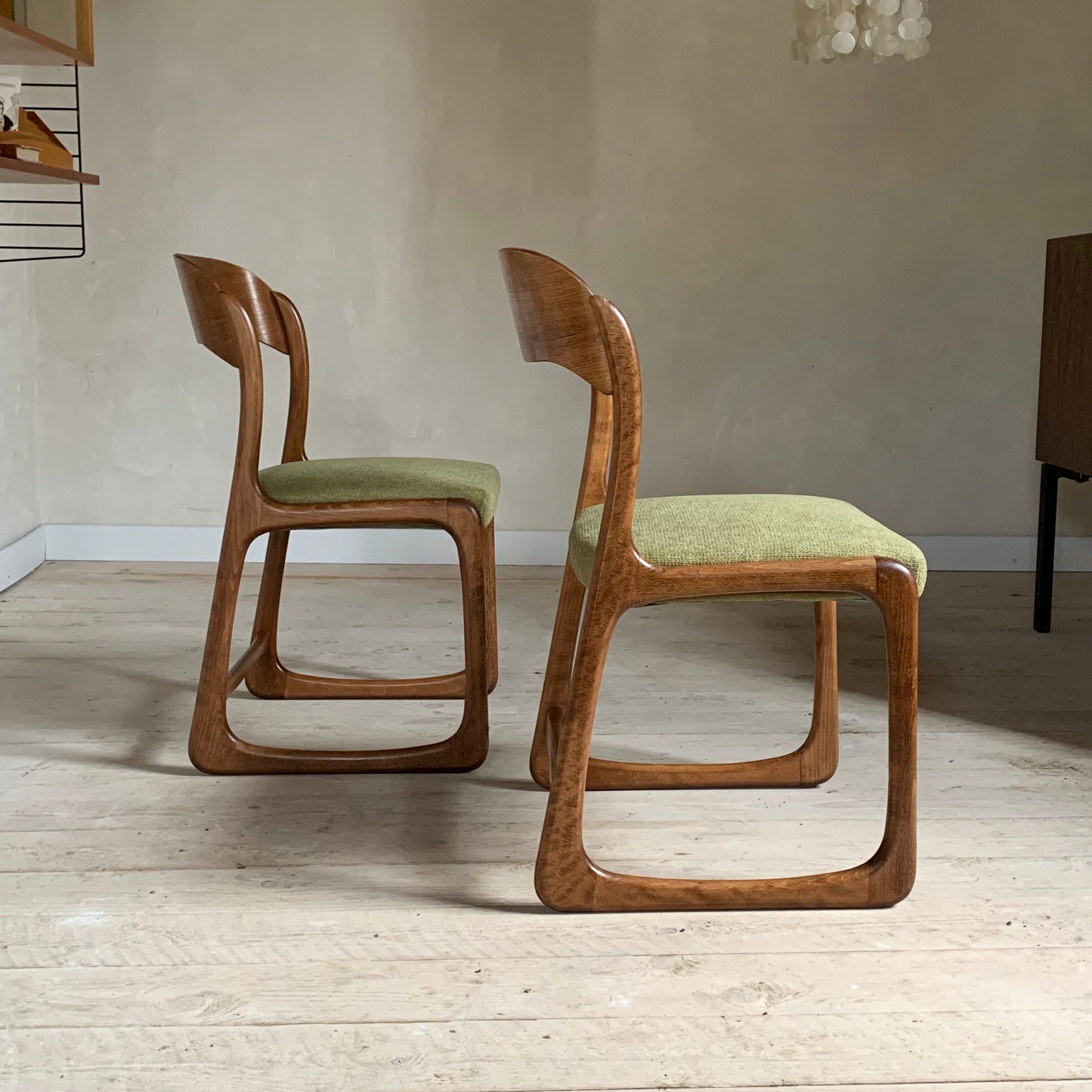 Baumann vintage sled chairs in ash and linden green velvet fabric