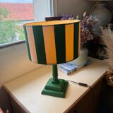 Pair of wooden bedside lamps with striped lampshades