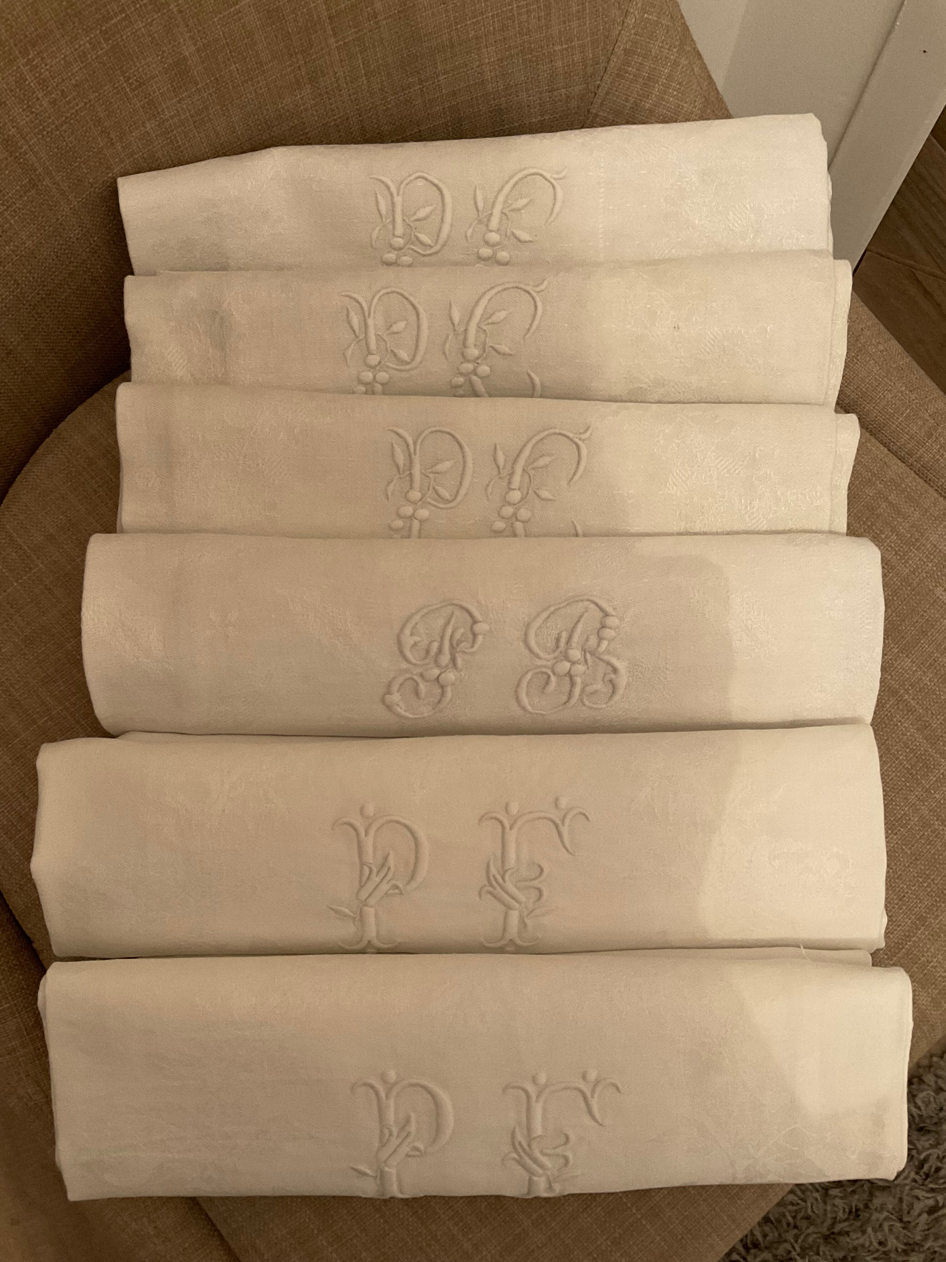 6 linen damask towels, monogram pc/pf/pb
