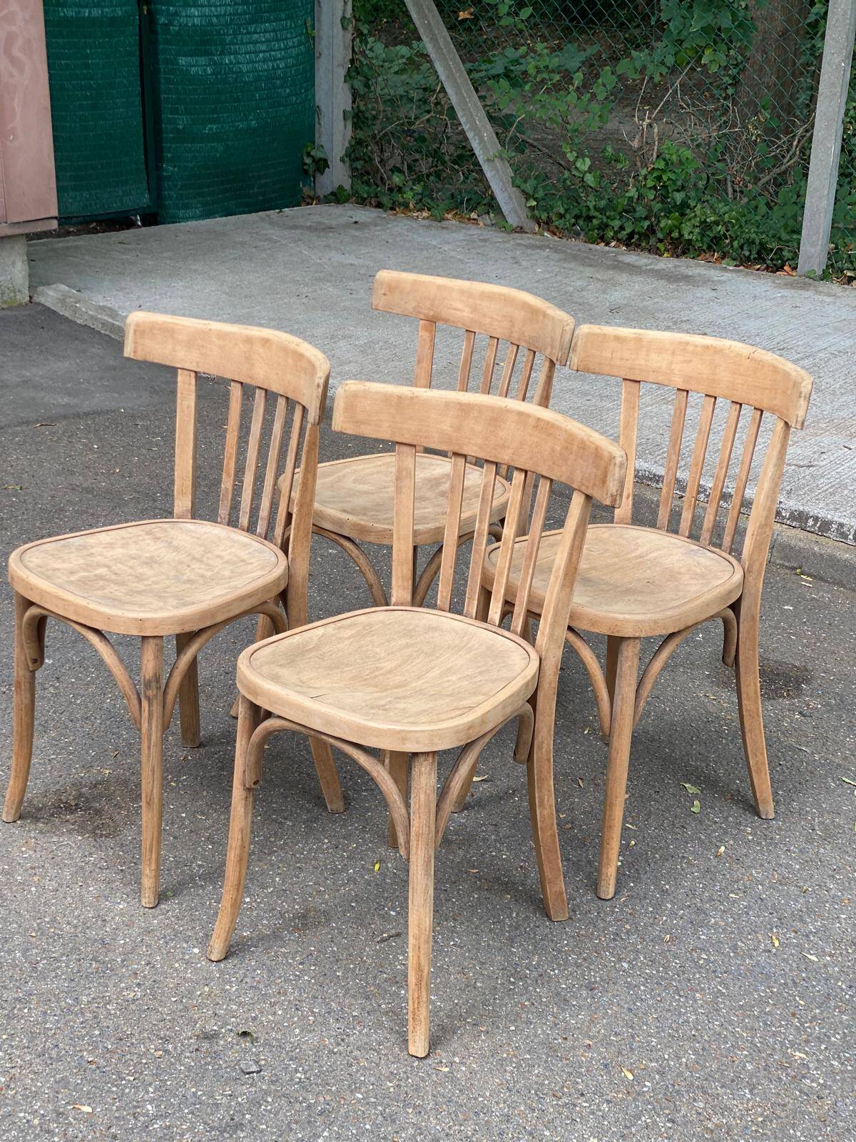 4 stripped bistro chairs in bent wood signed Fischel 1920
