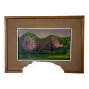 Huile sur carton représentant des arbres en fleurs dans le vent, 1920