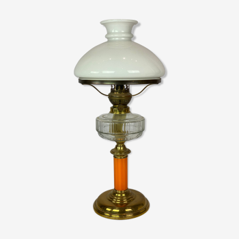 Kerosene lamp of brass with white opaline glass shade and orange glass stem, 1860s
