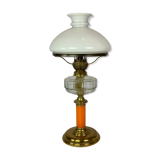 Kerosene lamp of brass with white opaline glass shade and orange glass stem, 1860s