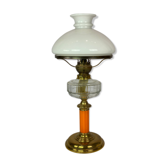 Kerosene lamp of brass with white opaline glass shade and orange glass stem, 1860s