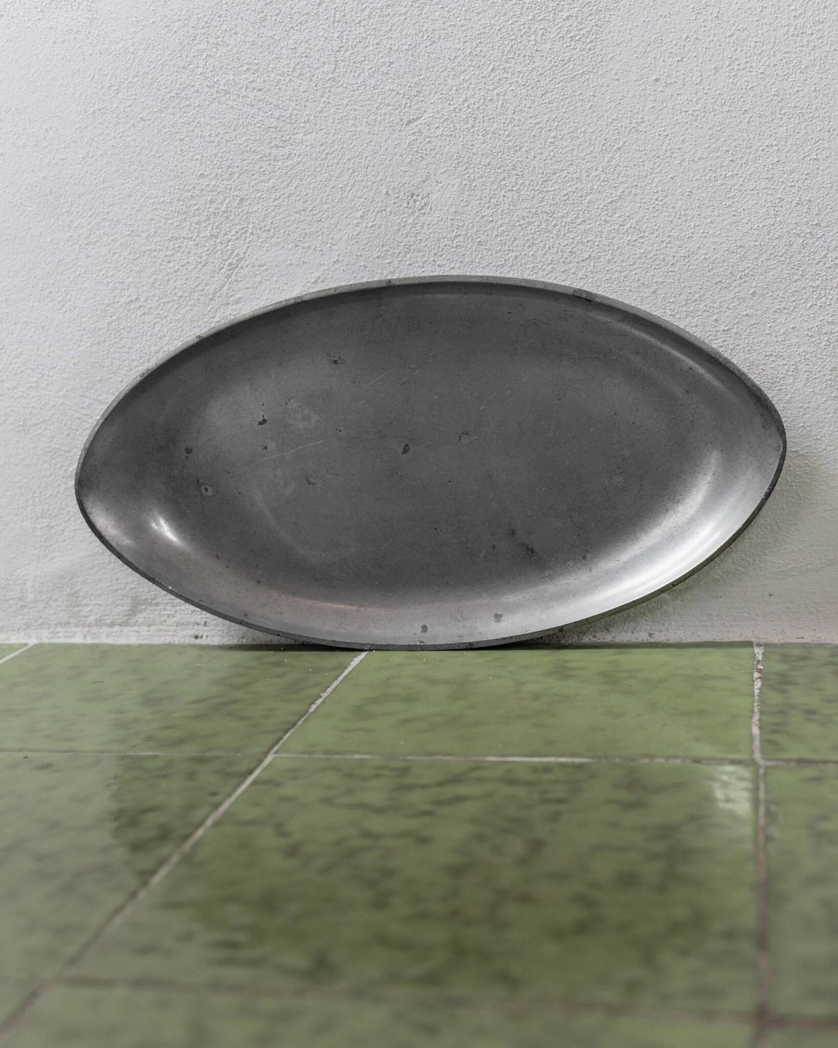 Oval vintage pewter tray by Just Andersen - silver-gray metal, Art Deco Denmark 1930s