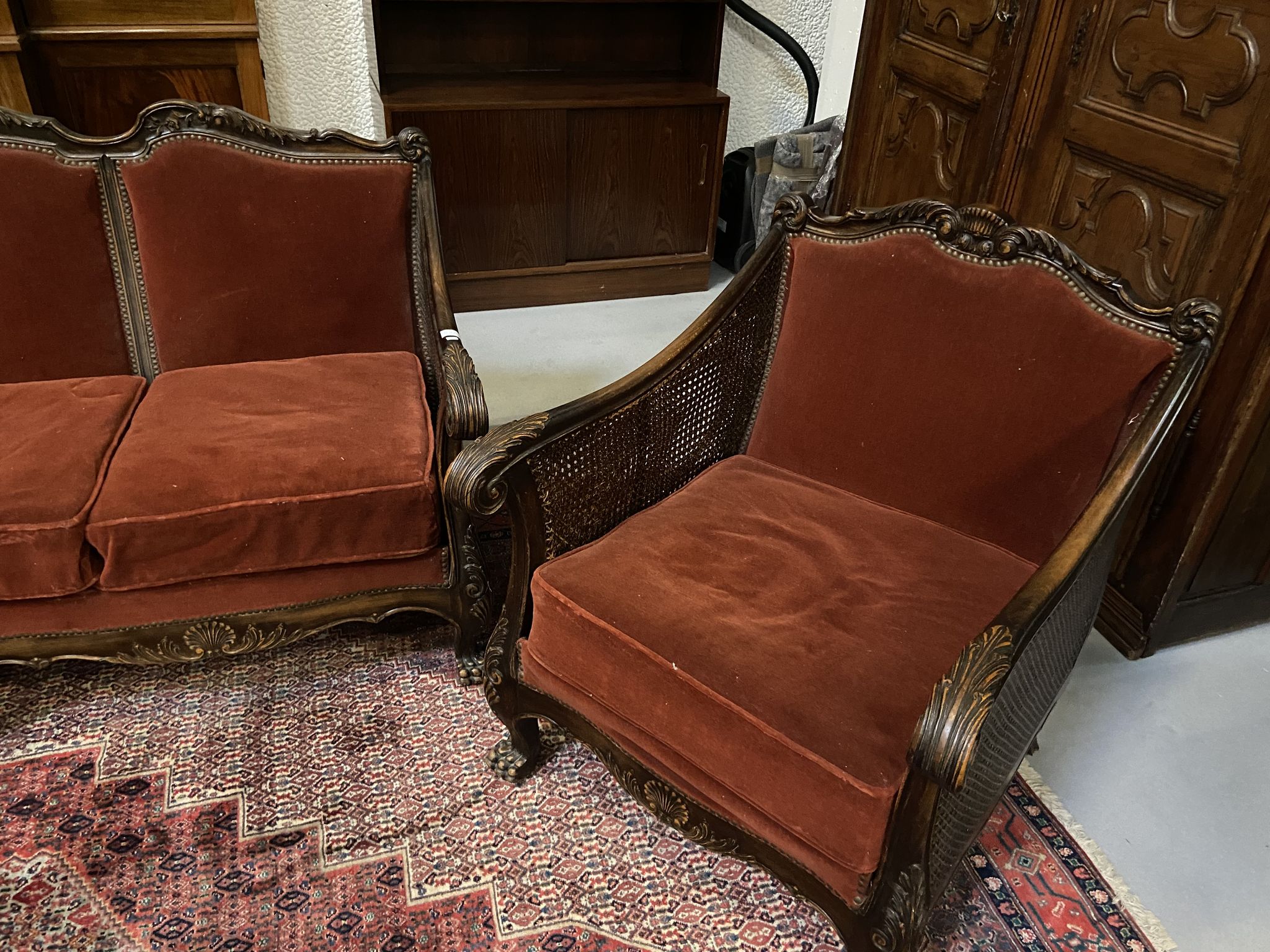 Baroque living room in burgundy velvet and wood