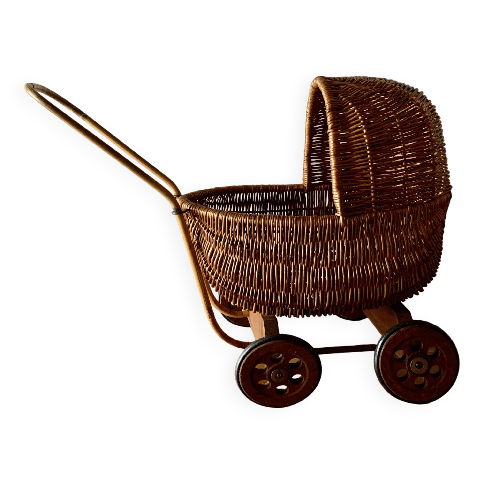 Old wicker dolls' pram - wooden wheels
