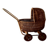 Old wicker dolls' pram - wooden wheels