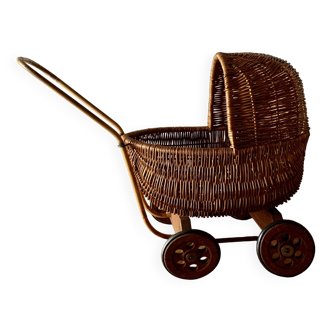 Old wicker dolls' pram - wooden wheels