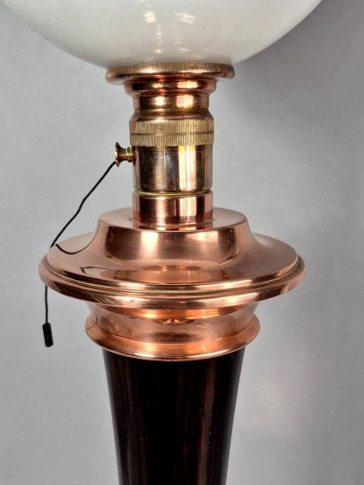 Antique large Mazda Art Deco lamp: opaline glass, wood & copper, 77 cm S802