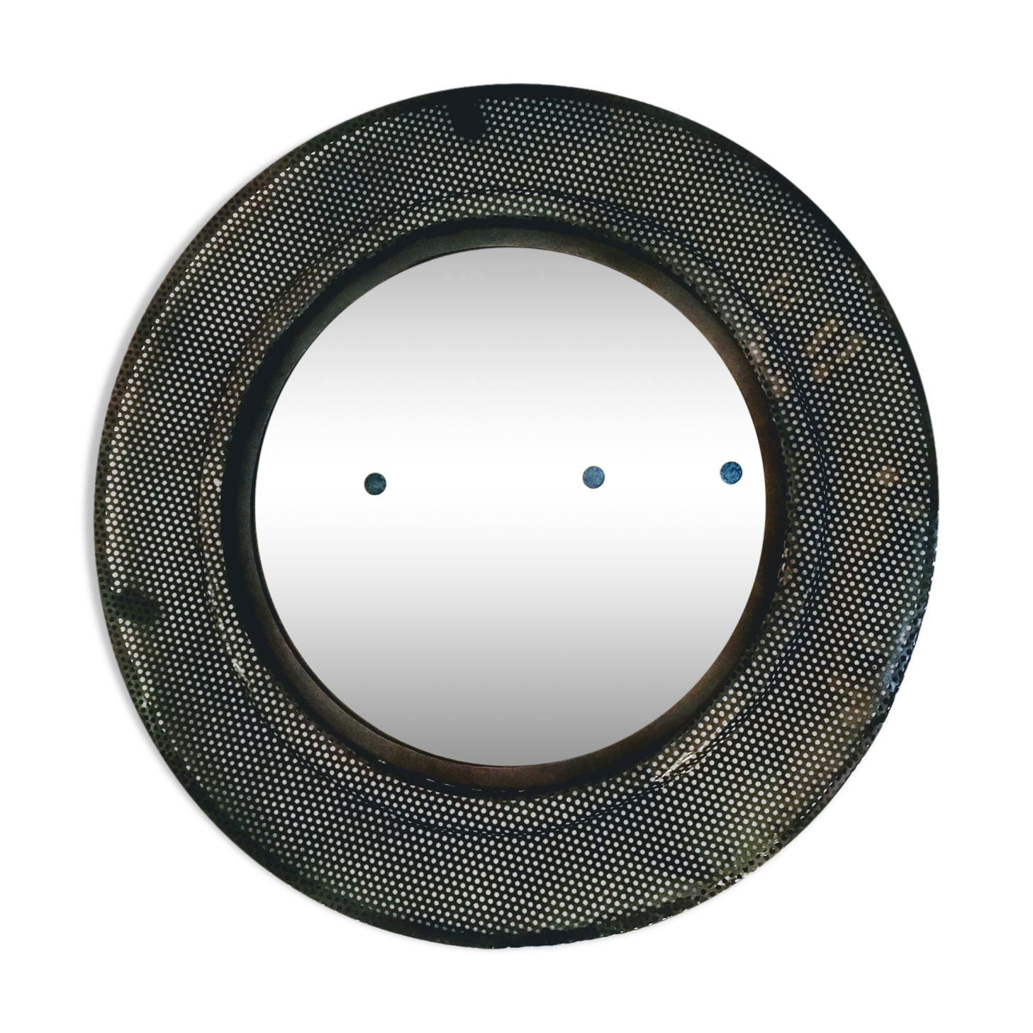 Miroir circulaire en tôle perforé laqué noir vintage circa 1970