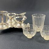19th century silver metal and crystal mustard salt cellar holder with Louis XV shell decor