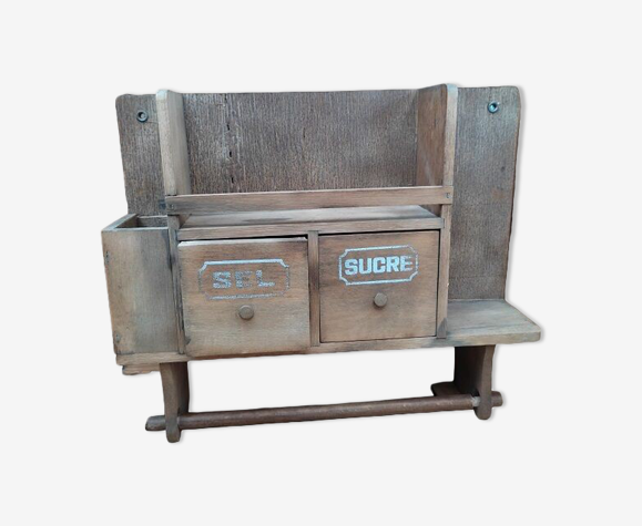 Etagère épices support essui tout tiroir bois patinée 092292