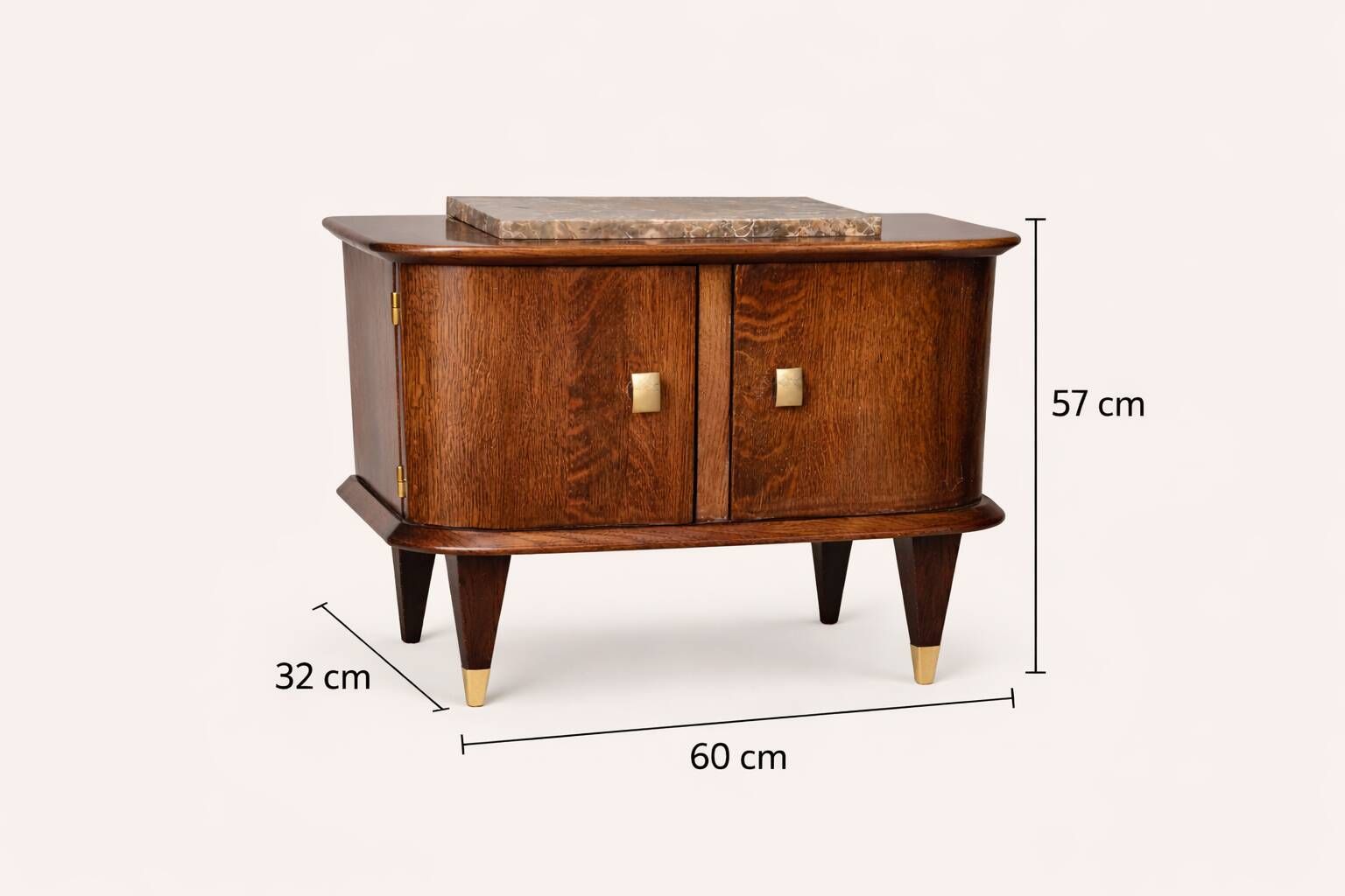 Small vintage 1950s wooden buffet with marble top and tapered legs.