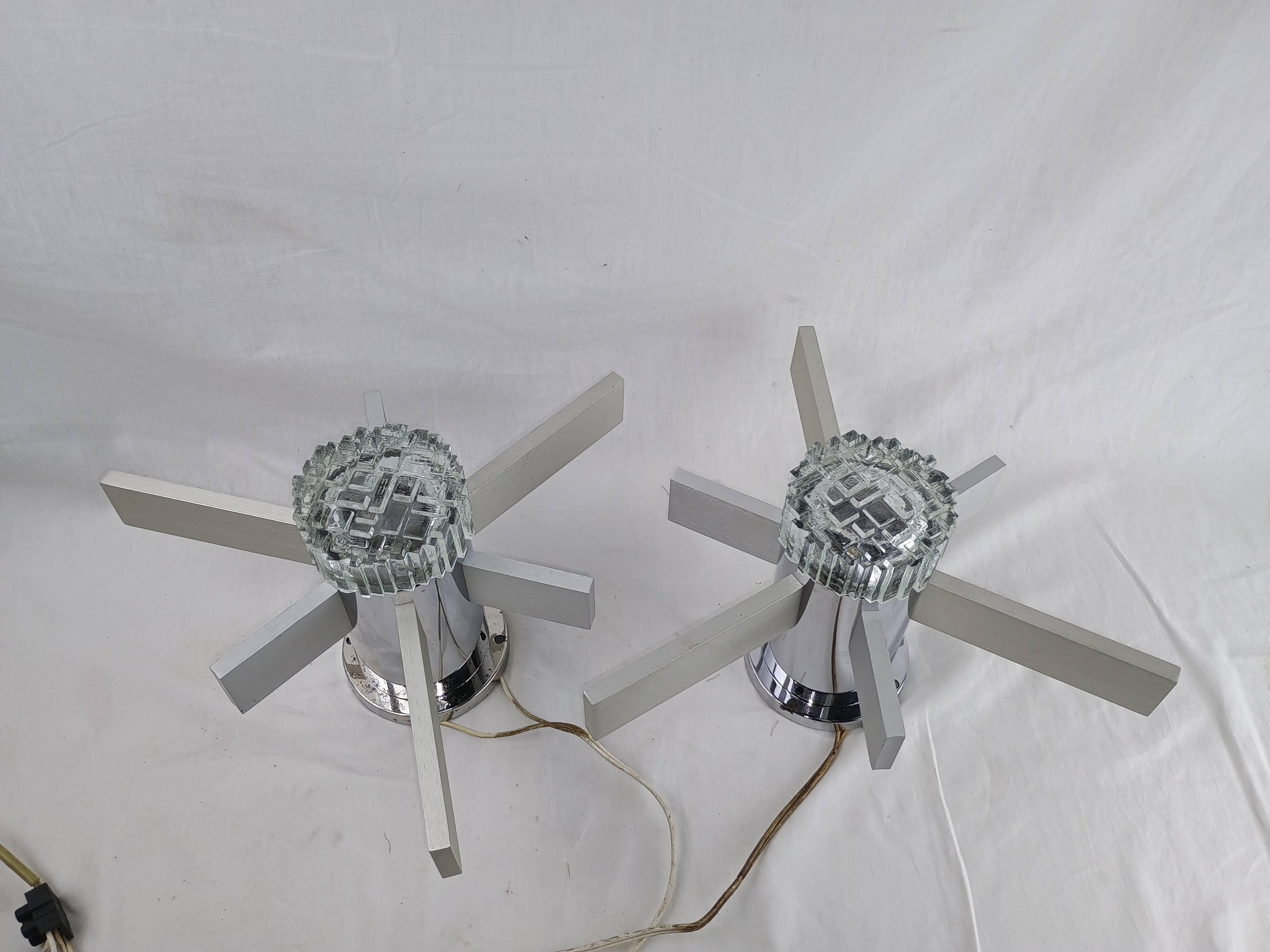 Pair of vintage Italian chrome and glass wall lights, 1960s Sciolari.