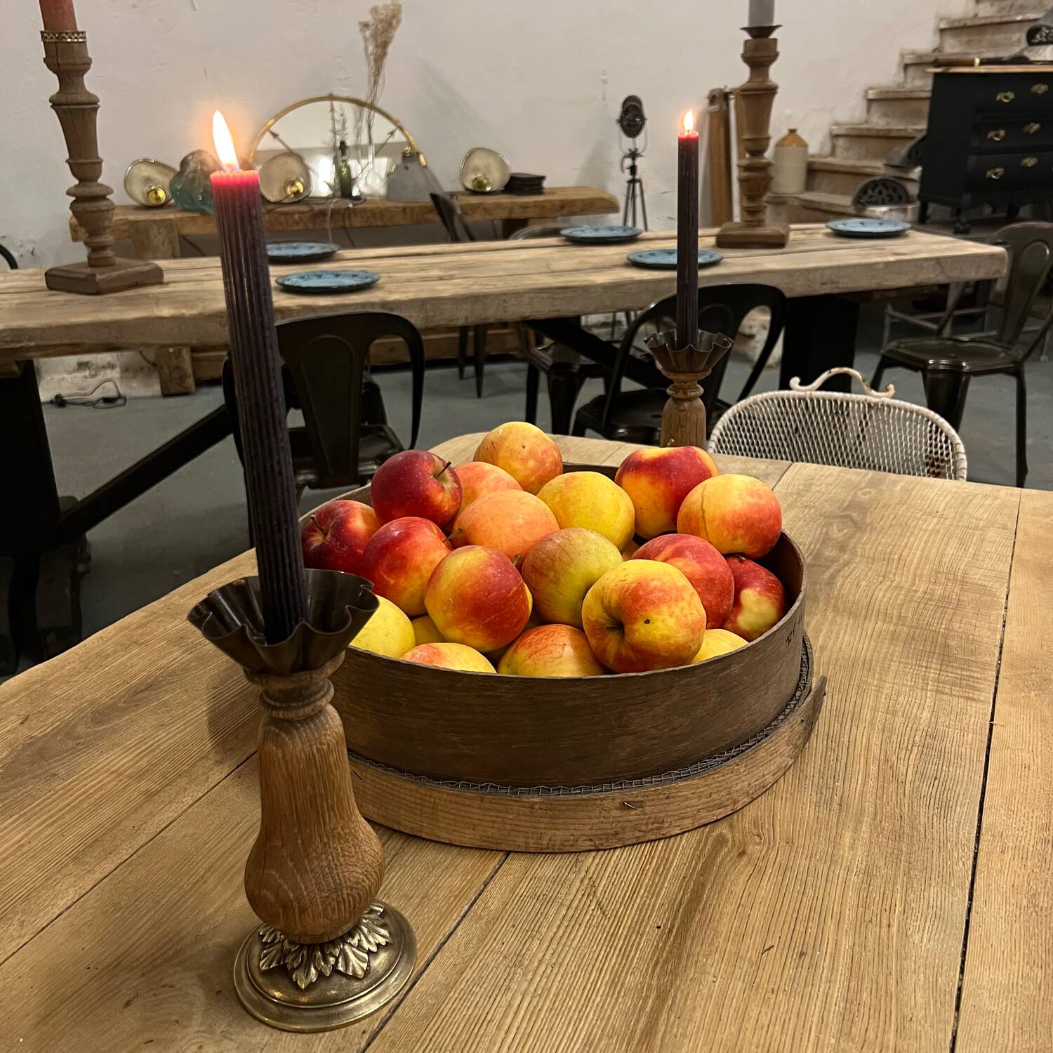 Old oak candle holder with bronze base