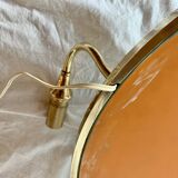 Grand miroir vintage rond en laiton doré avec deux appliques lumineuses - diamètre 50 cm