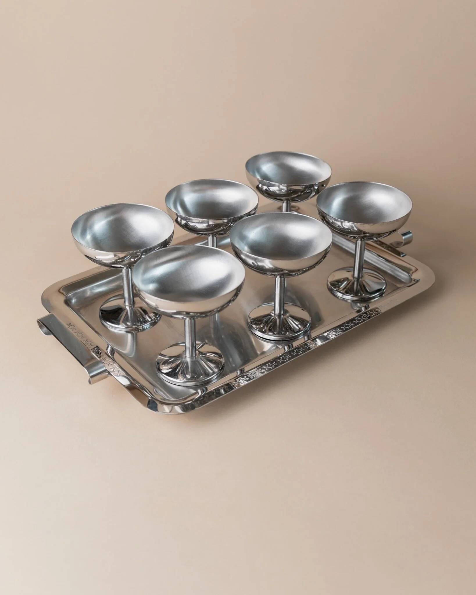 Silver-tone Stainless Steel Vintage Drinking Set for 6 with Tray, 1970s Italian Minimalist Design