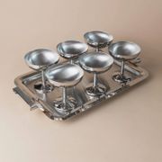 Silver-tone Stainless Steel Vintage Drinking Set for 6 with Tray, 1970s Italian Minimalist Design