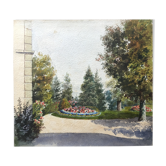Painting watercolor 1901 Landscape "Park View" Garden Flowers E.C.