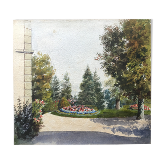 Painting watercolor 1901 Landscape "Park View" Garden Flowers E.C.