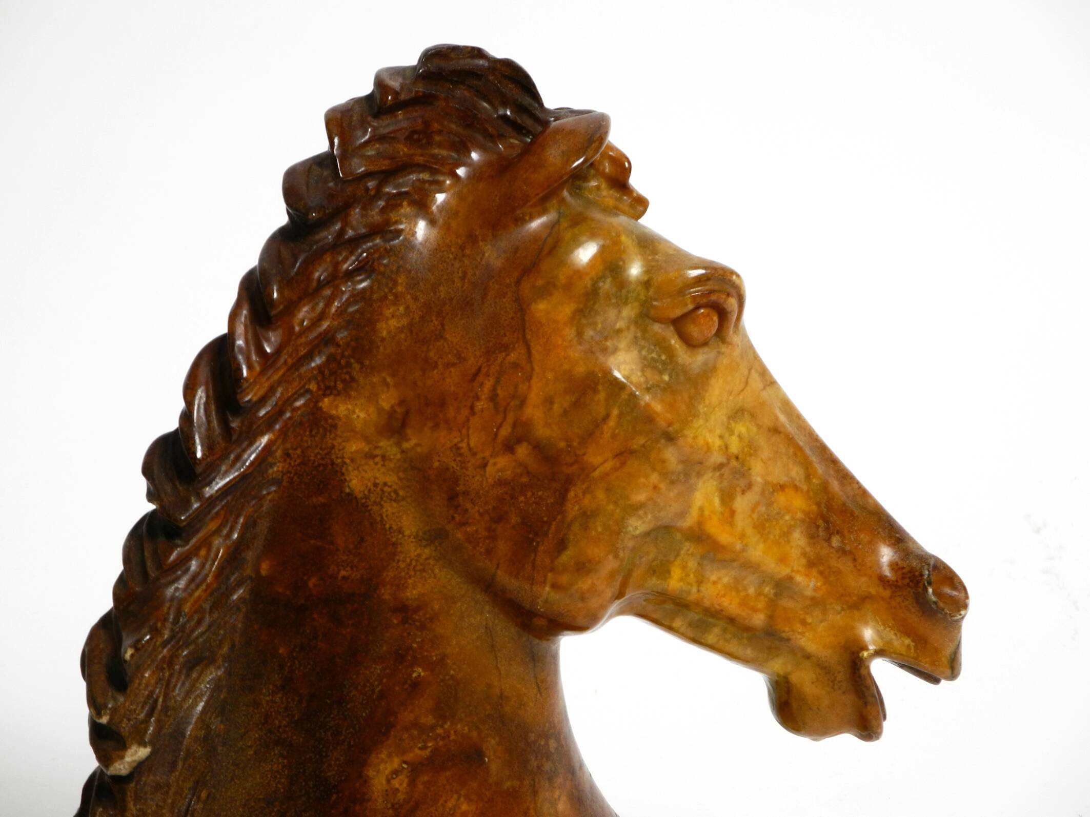 Decorative heavy lifelike 1960's horse head sculpture in brown soapstone