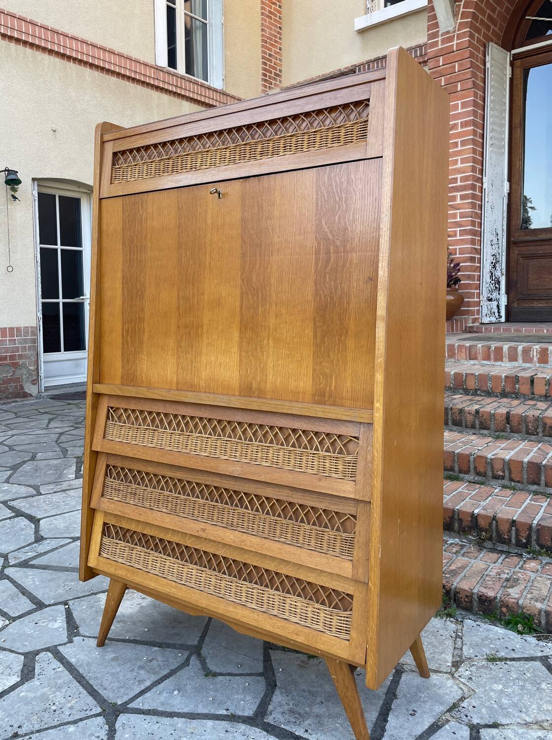 Secrétaire bois et rotin vintage