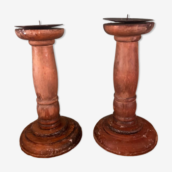 Pair of vintage turned wooden candle holders