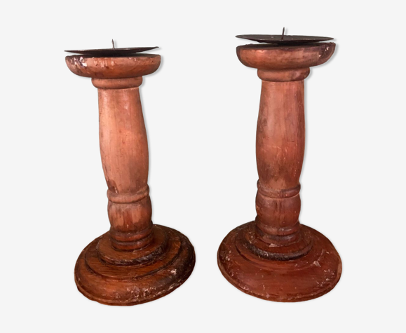 Paire de bougeoirs en bois tourné vintage